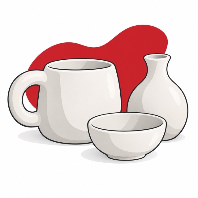 Unpainted ceramic mug, bowl and vase