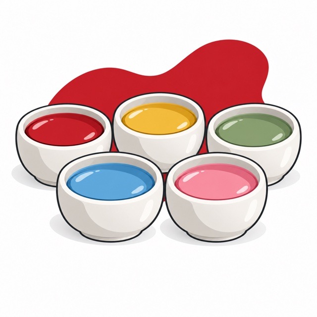 Five pots of colourful ceramic paint