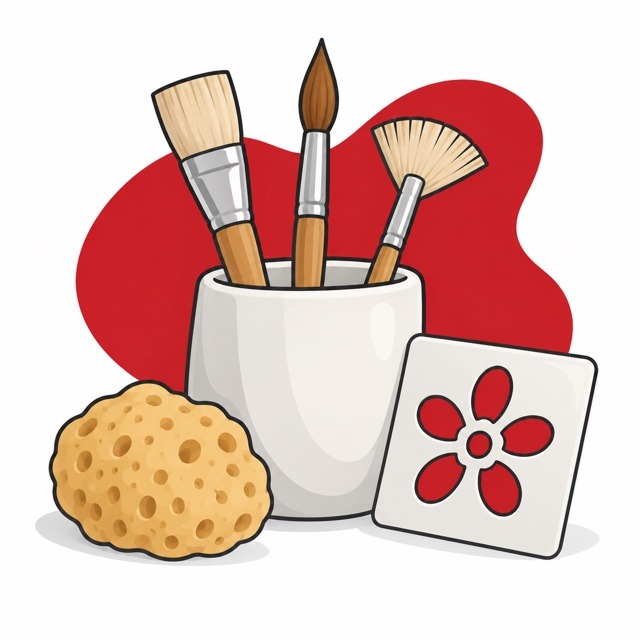 Brushes, sponge and flower stencil