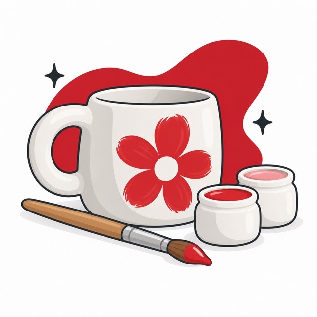A mug decorated with a red flower beside paints and a brush